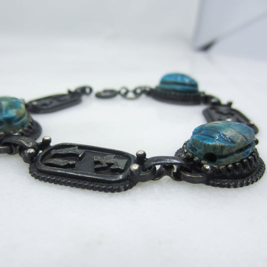 Egyptian Revival Faïence Scarab and Cartouche Bracelet Silver c. 1970's