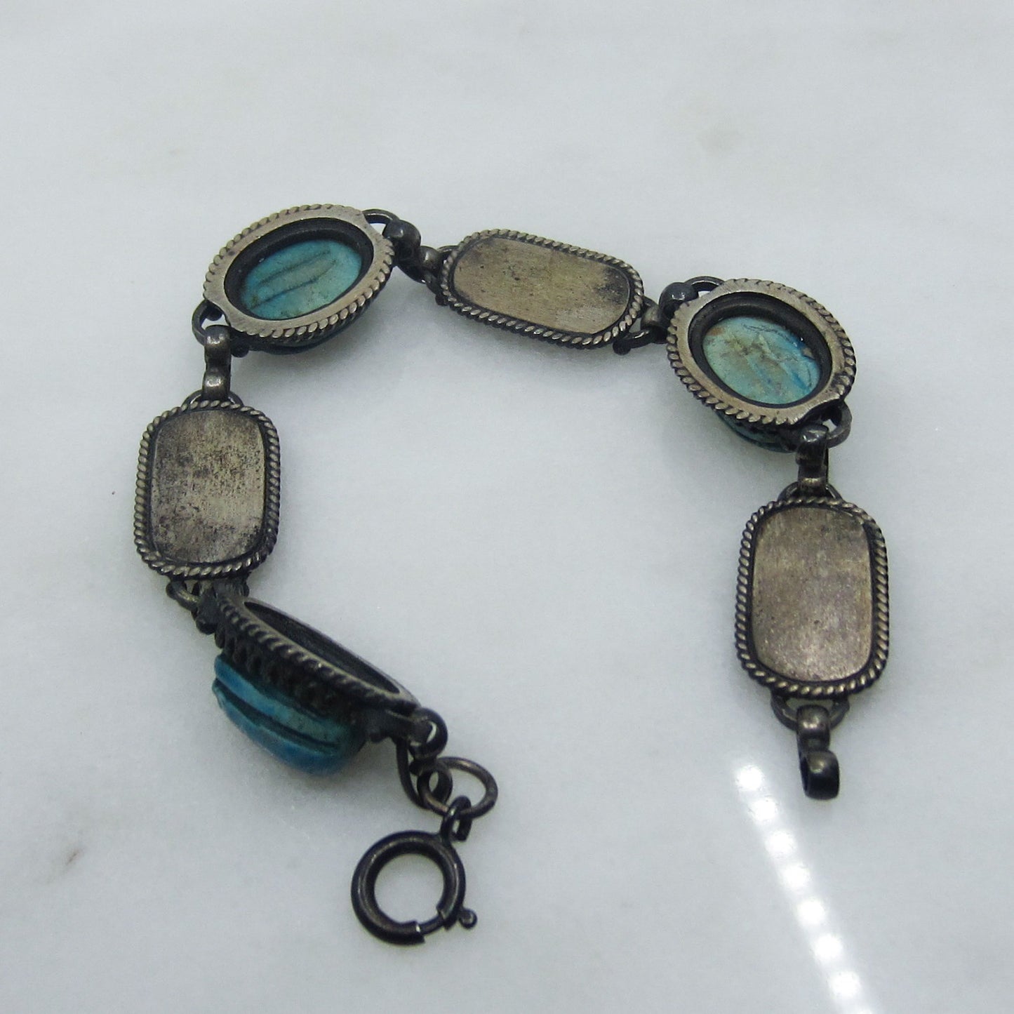 Egyptian Revival Faïence Scarab and Cartouche Bracelet Silver c. 1970's