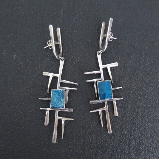 Huge Modernist Sodalite Drop Earrings Sterling c. 1960