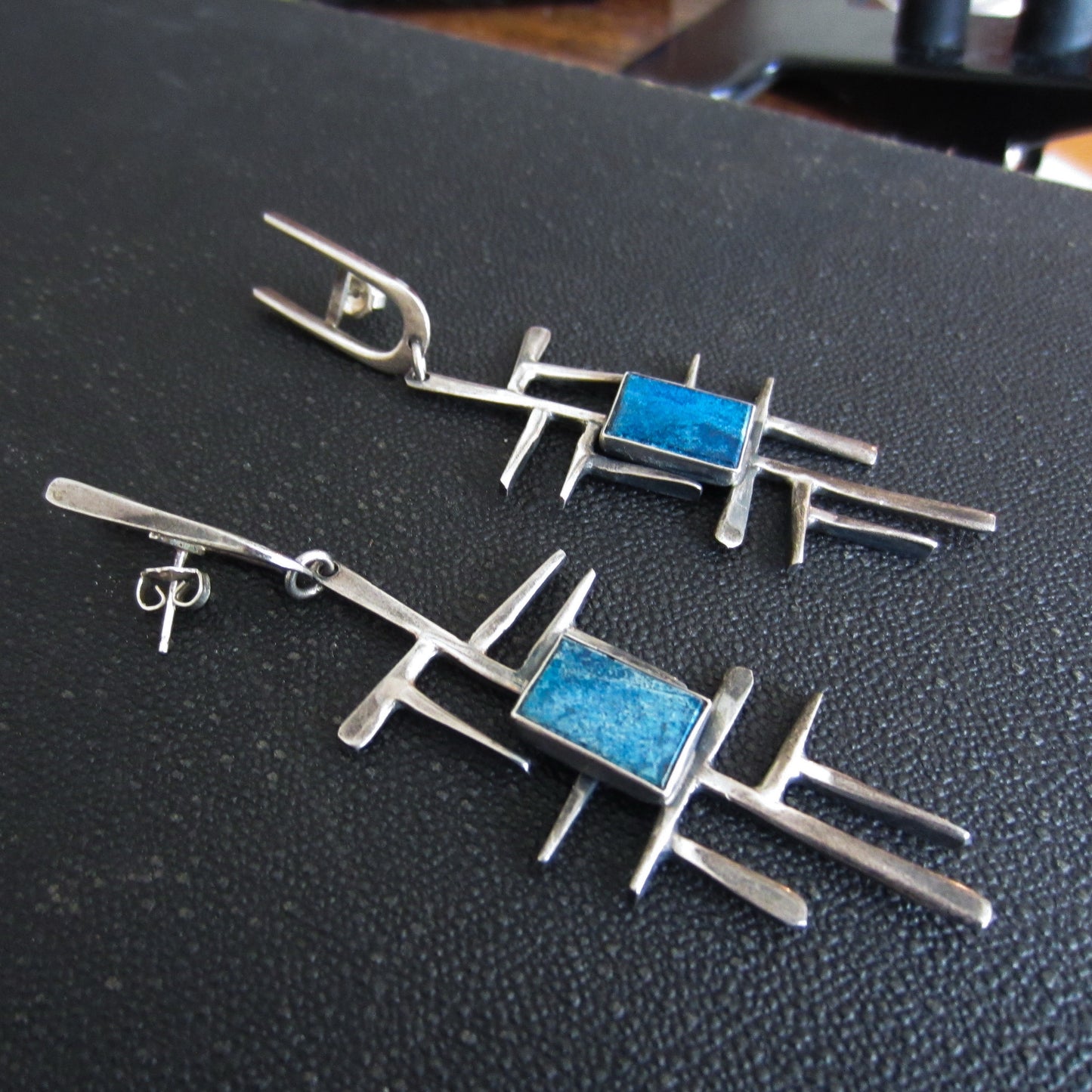 Huge Modernist Sodalite Drop Earrings Sterling c. 1960