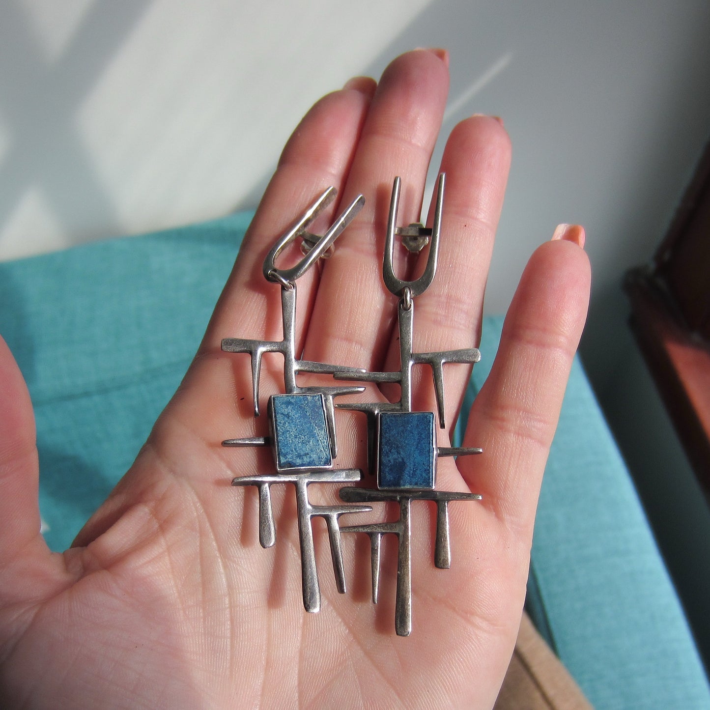 Huge Modernist Sodalite Drop Earrings Sterling c. 1960