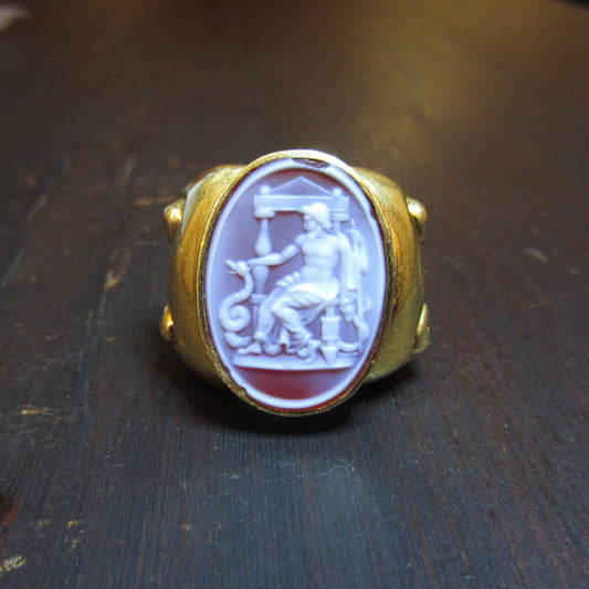 Vintage HUGE Asclepius God of Medicine Hardstone Cameo Ring 18k