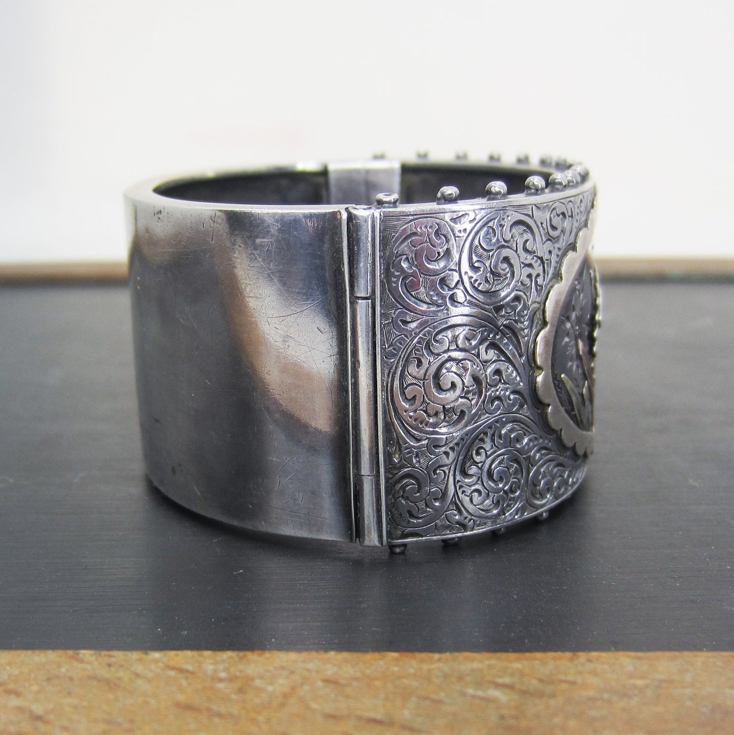Victorian Aesthetic Period Mixed Metals Hinged Bangle Sterling c. 1880