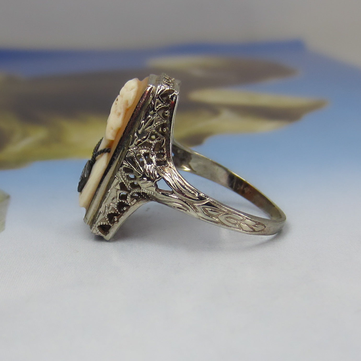 Art Deco Cameo Diamond Ring 14k c. 1930
