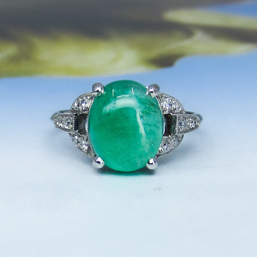 Art Deco Emerald Cabochon and Diamond Ring Platinum c. 1930