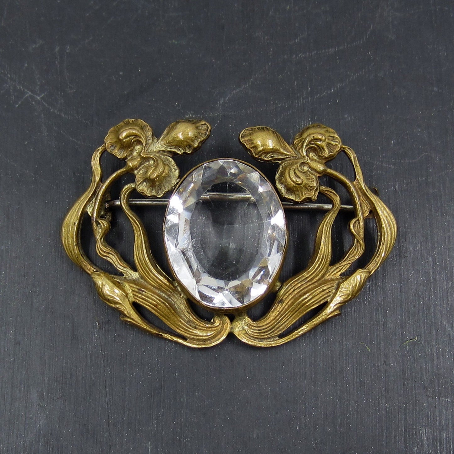 SOLD--Art Nouveau Crystal Brooch Brass c. 1890