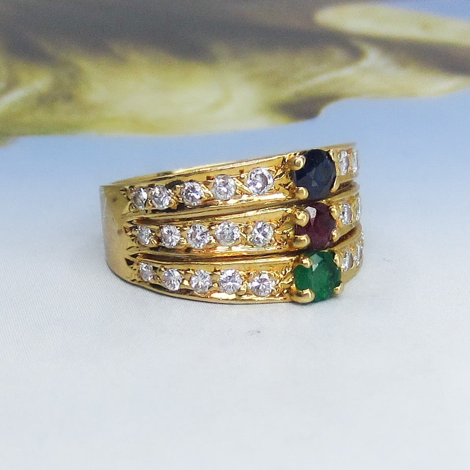 Mid-Century Ruby, Sapphire, Emerald and Diamond Ring 18k c. 1970