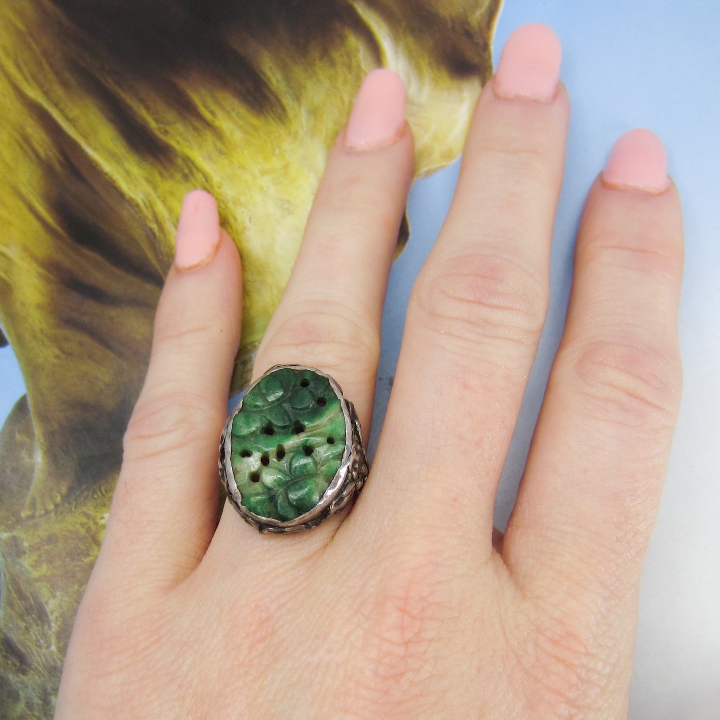 Arts and Crafts Carved Jade Ring Sterling c. 1920