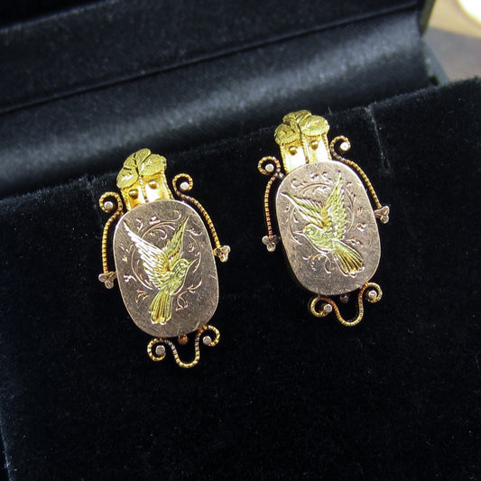 SOLD--Victorian Engraved Bird Earrings 14k c. 1880