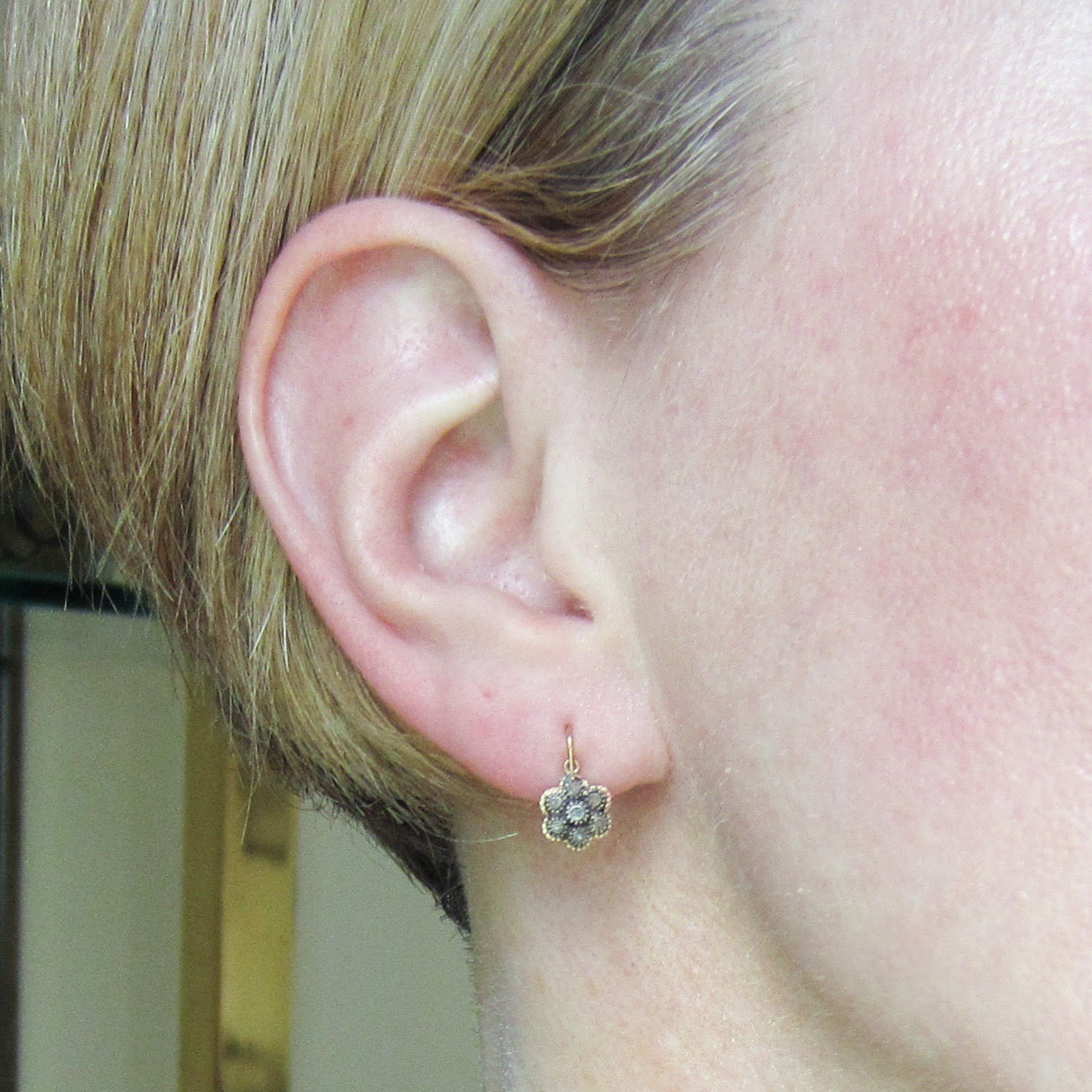 SOLD—Vintage Tiny Rose Cut Diamond Cluster Earrings Silver/14k c. 1940