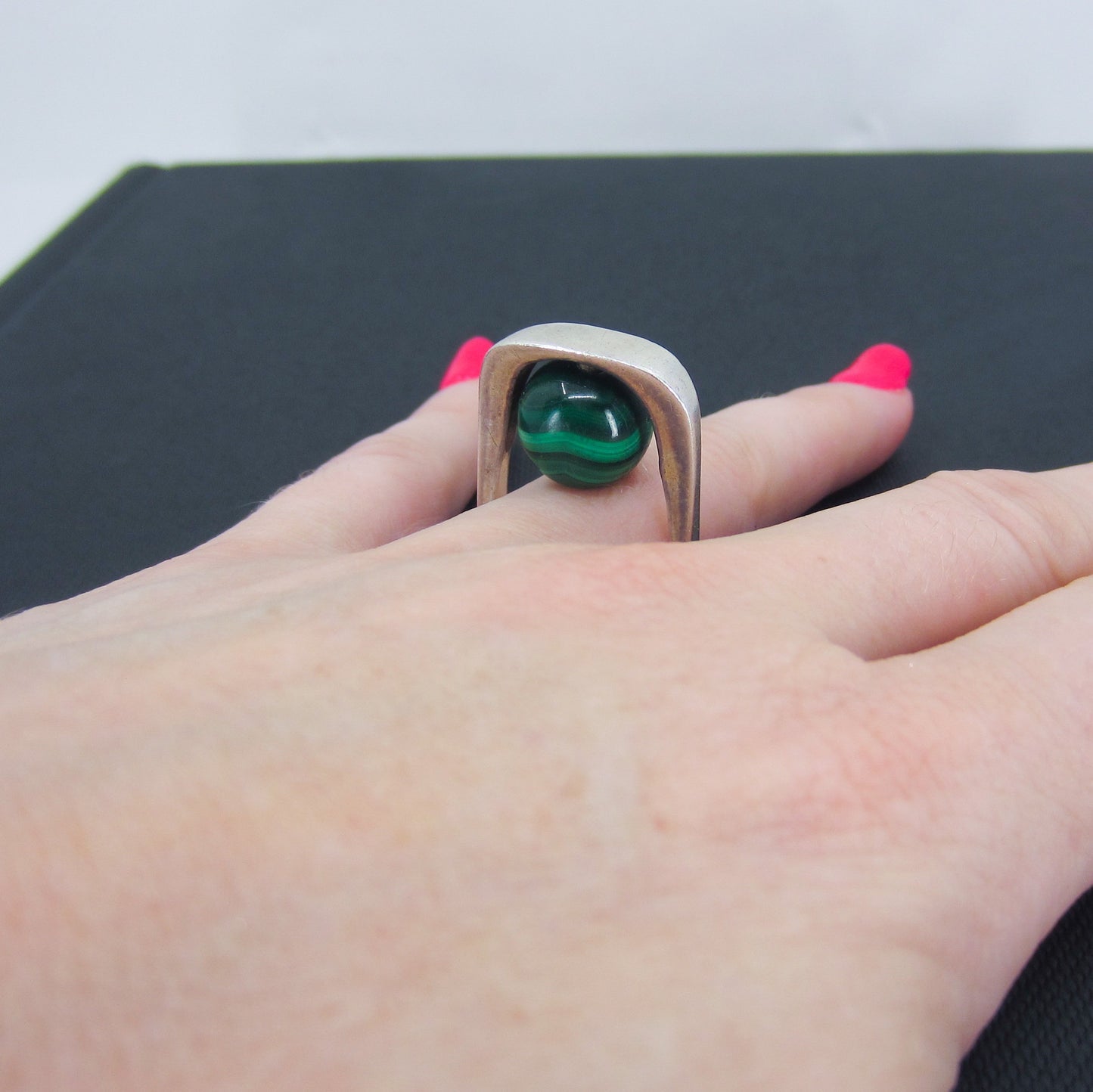 SOLD-French Modernist Malachite Ring Sterling, Size 6 c. 1960