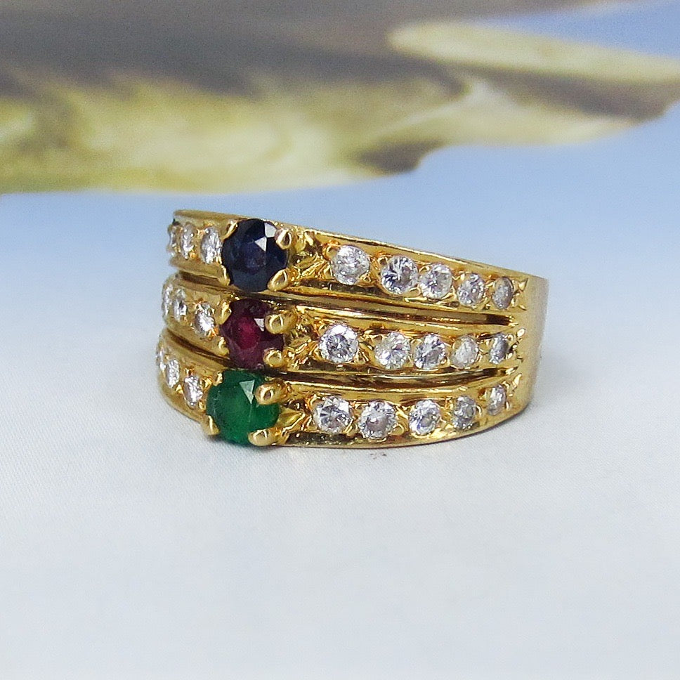Mid-Century Ruby, Sapphire, Emerald and Diamond Ring 18k c. 1970