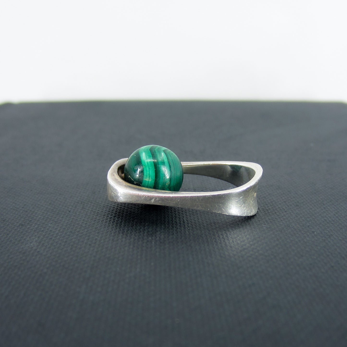 French Modernist Malachite Ring Sterling, Size 6 c. 1960
