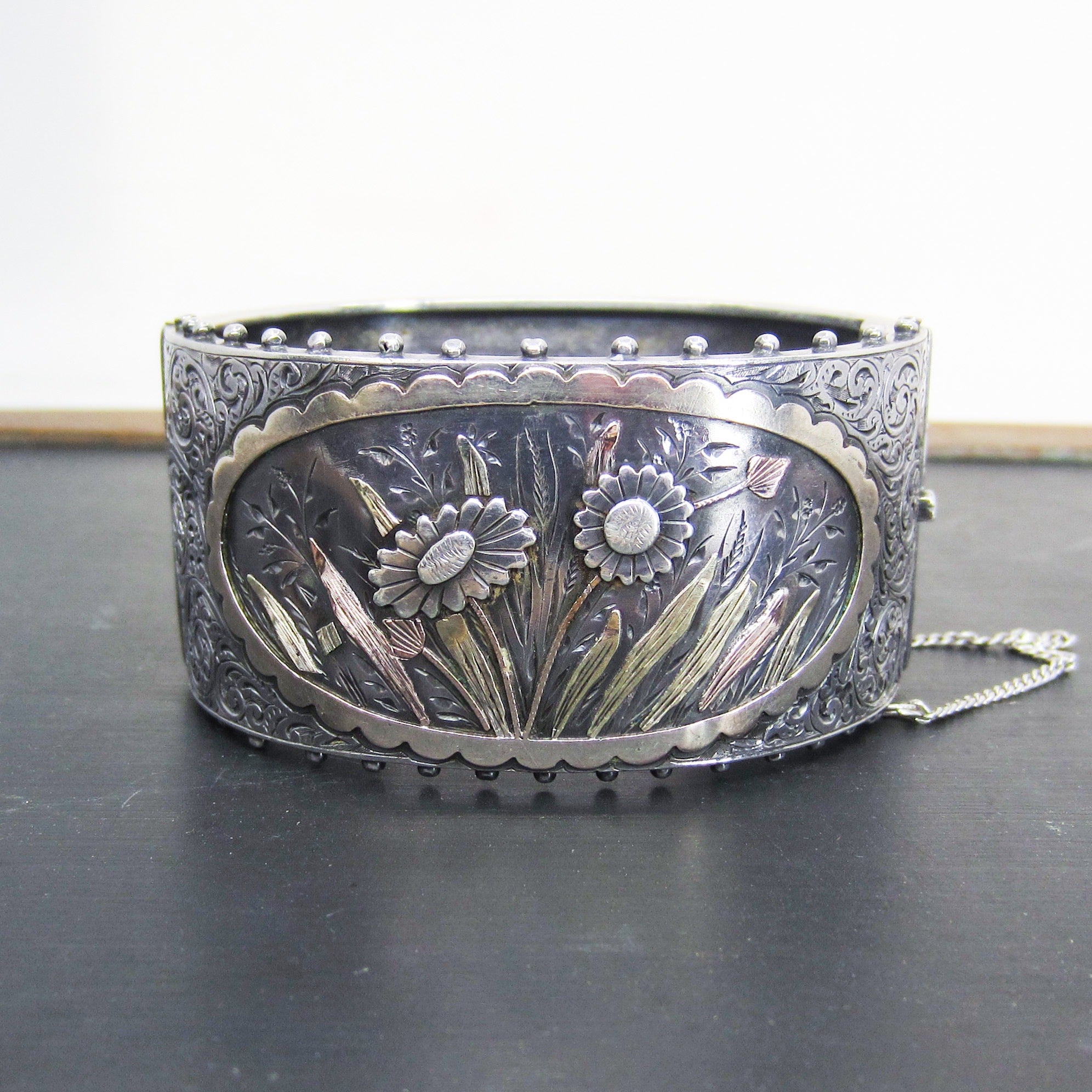 Victorian Aesthetic Period Mixed Metals Hinged Bangle Sterling c