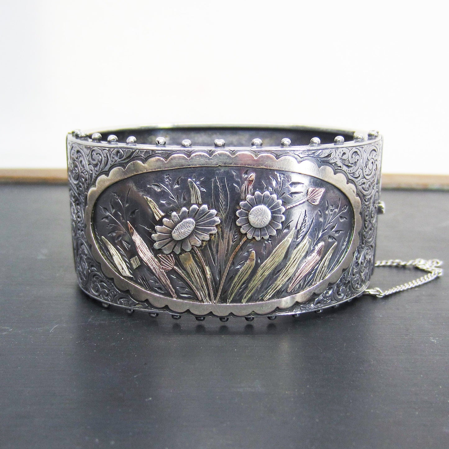 SOLD--Victorian Aesthetic Period Mixed Metals Hinged Bangle Sterling c. 1880