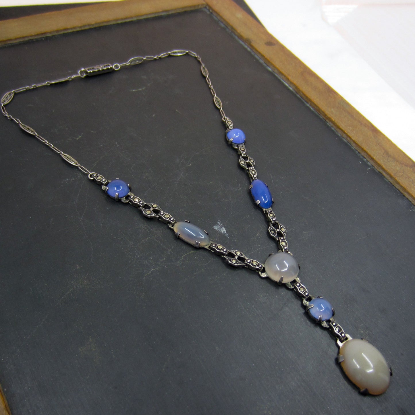 SOLD-Art Déco Chalcedony and Marcasite Drop Necklace Sterling c. 1920