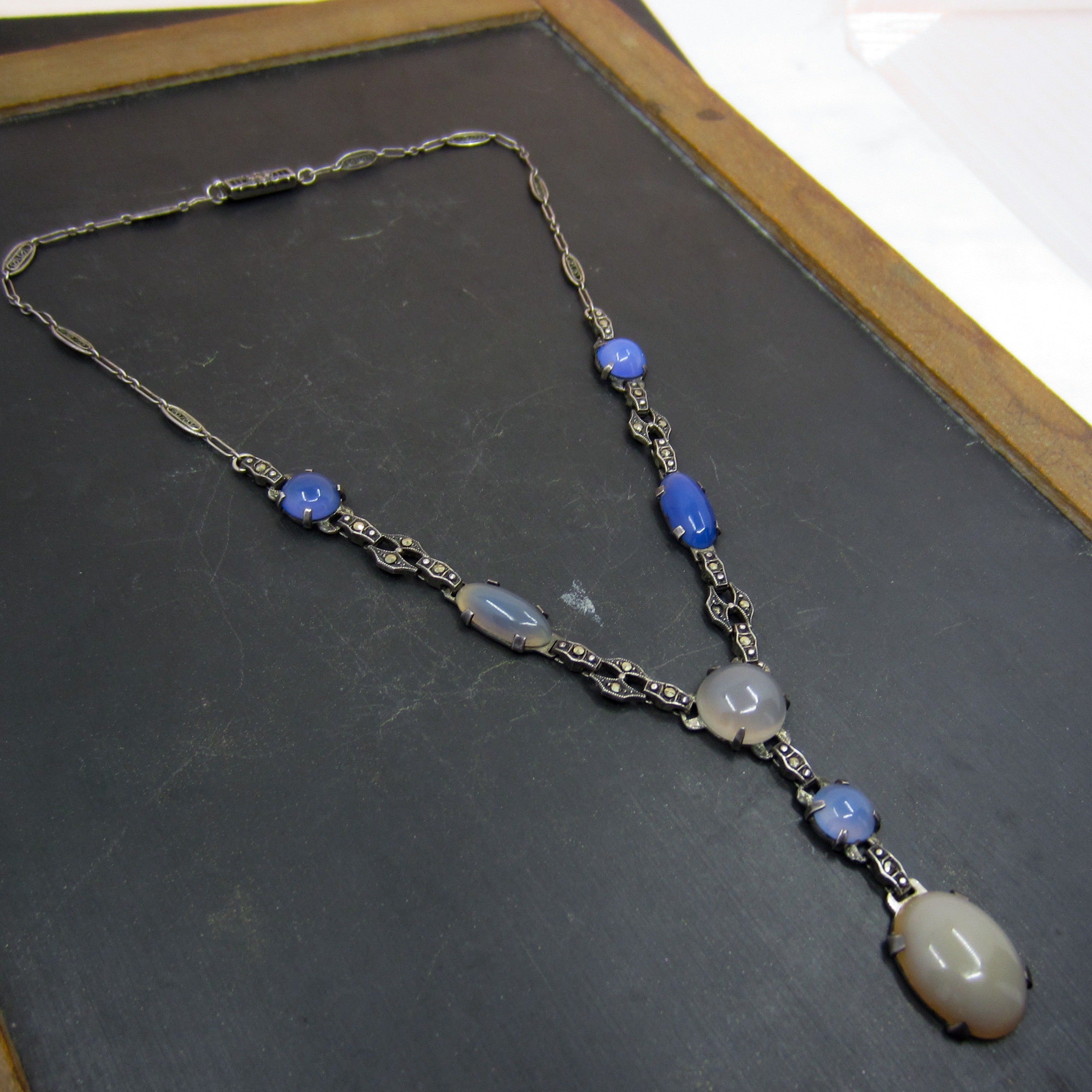 SOLD-Art Déco Chalcedony and Marcasite Drop Necklace Sterling c. 1920