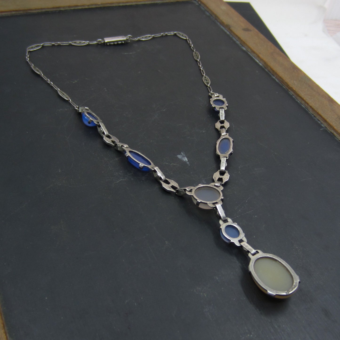 SOLD-Art Déco Chalcedony and Marcasite Drop Necklace Sterling c. 1920