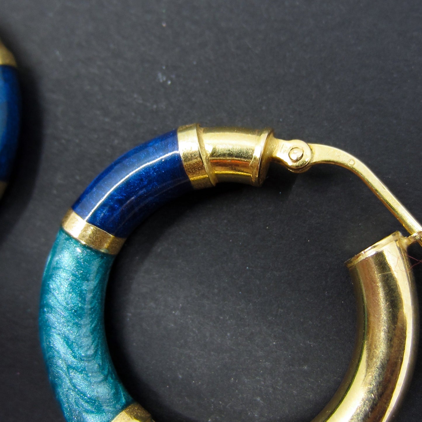 SOLD— Vintage Enamel Hoop Earrings 14k, Italy c. 1980