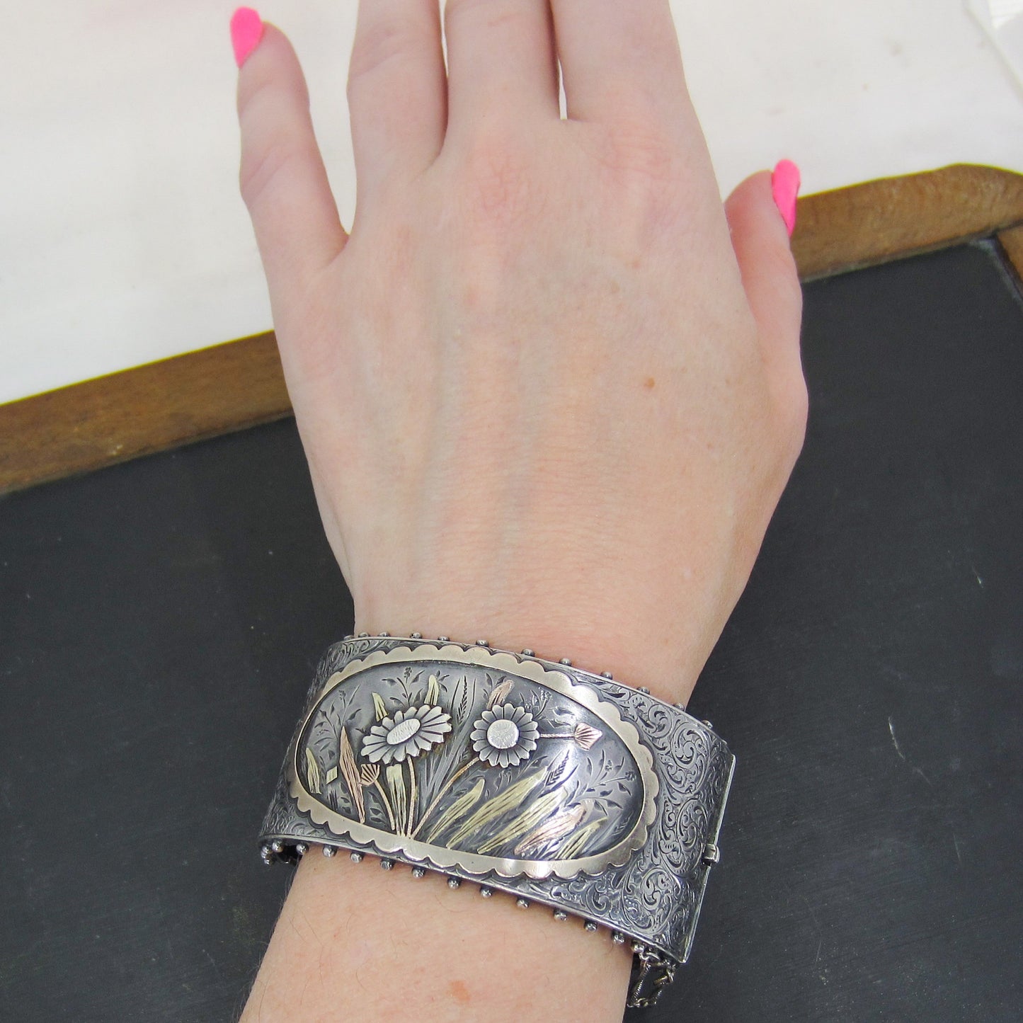 SOLD--Victorian Aesthetic Period Mixed Metals Hinged Bangle Sterling c. 1880