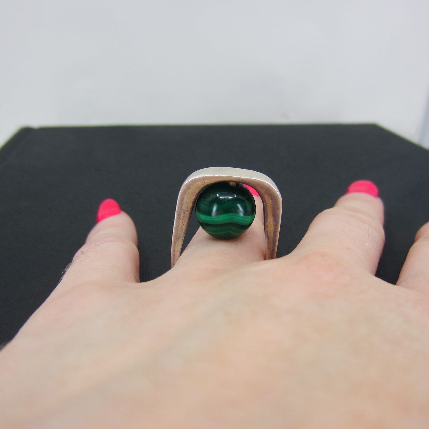 SOLD-French Modernist Malachite Ring Sterling, Size 6 c. 1960