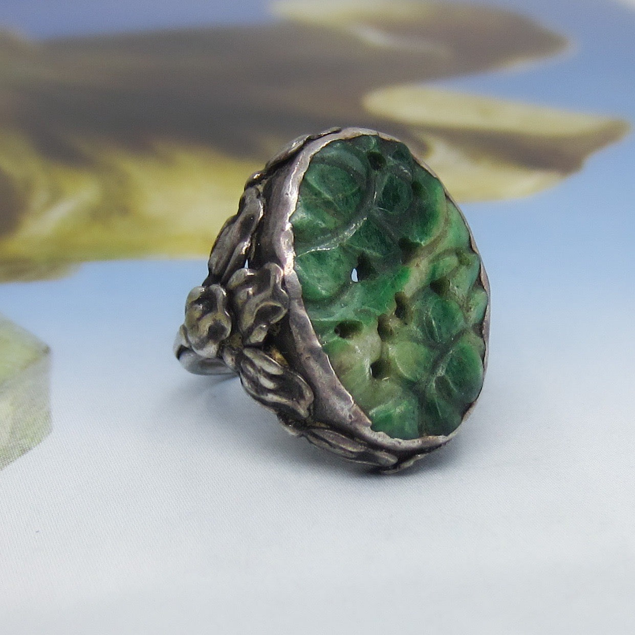 Arts and Crafts Carved Jade Ring Sterling c. 1920
