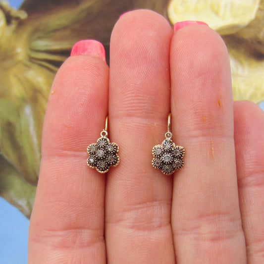 SOLD—Vintage Tiny Rose Cut Diamond Cluster Earrings Silver/14k c. 1940