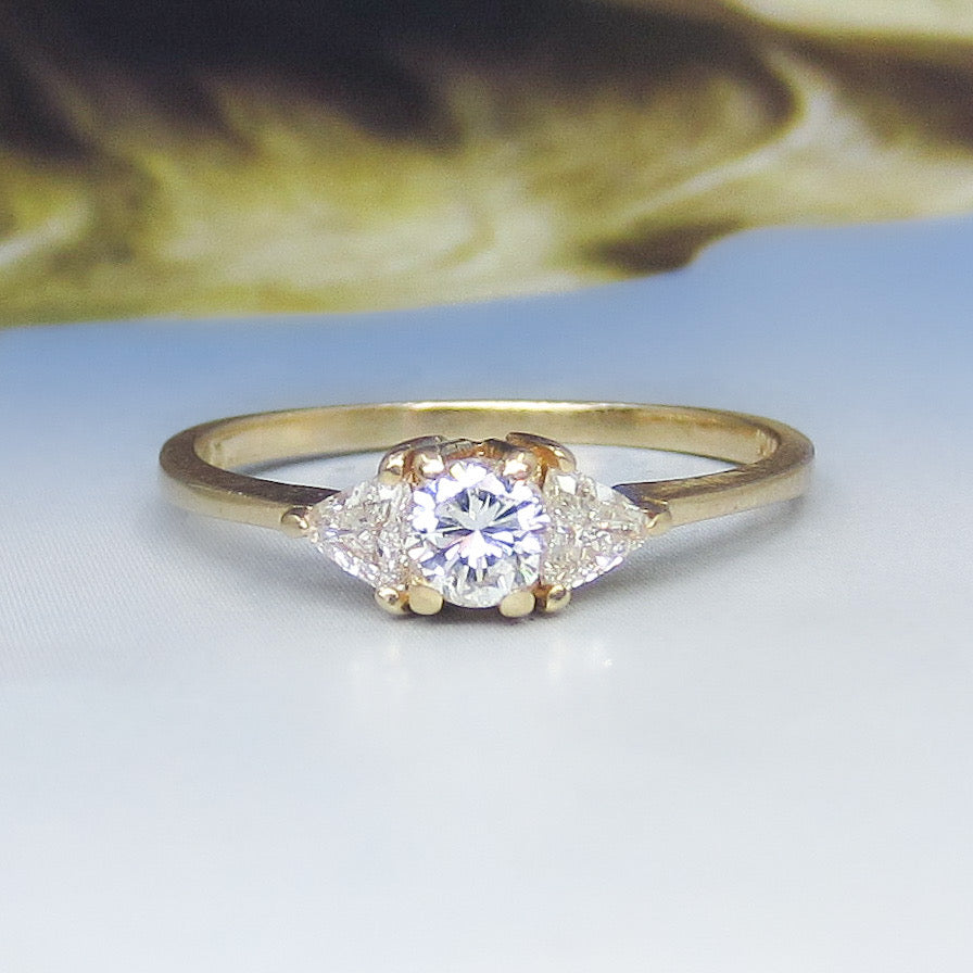 Vintage Three Diamond Trilliant Engagement Ring 14k c. 1990