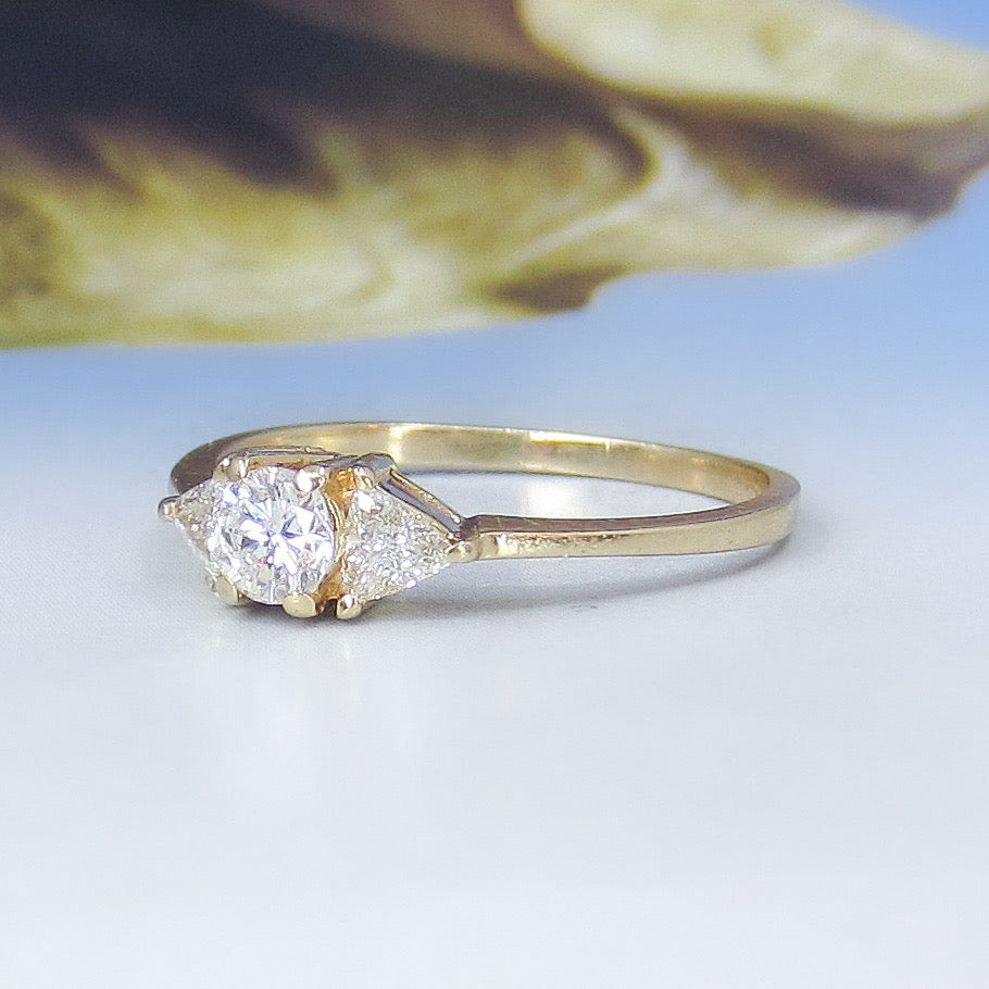 Vintage Three Diamond Trilliant Engagement Ring 14k c. 1990