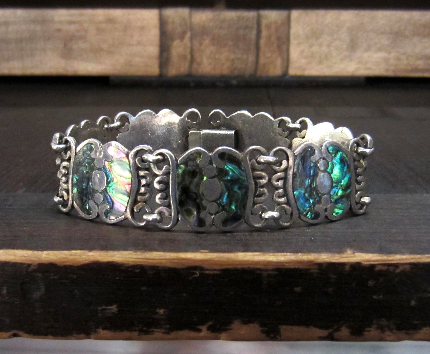 SOLD: Mid-Century Melesio Rodriguez Abalone Bracelet Sterling, Taxco Mexico c. 1950