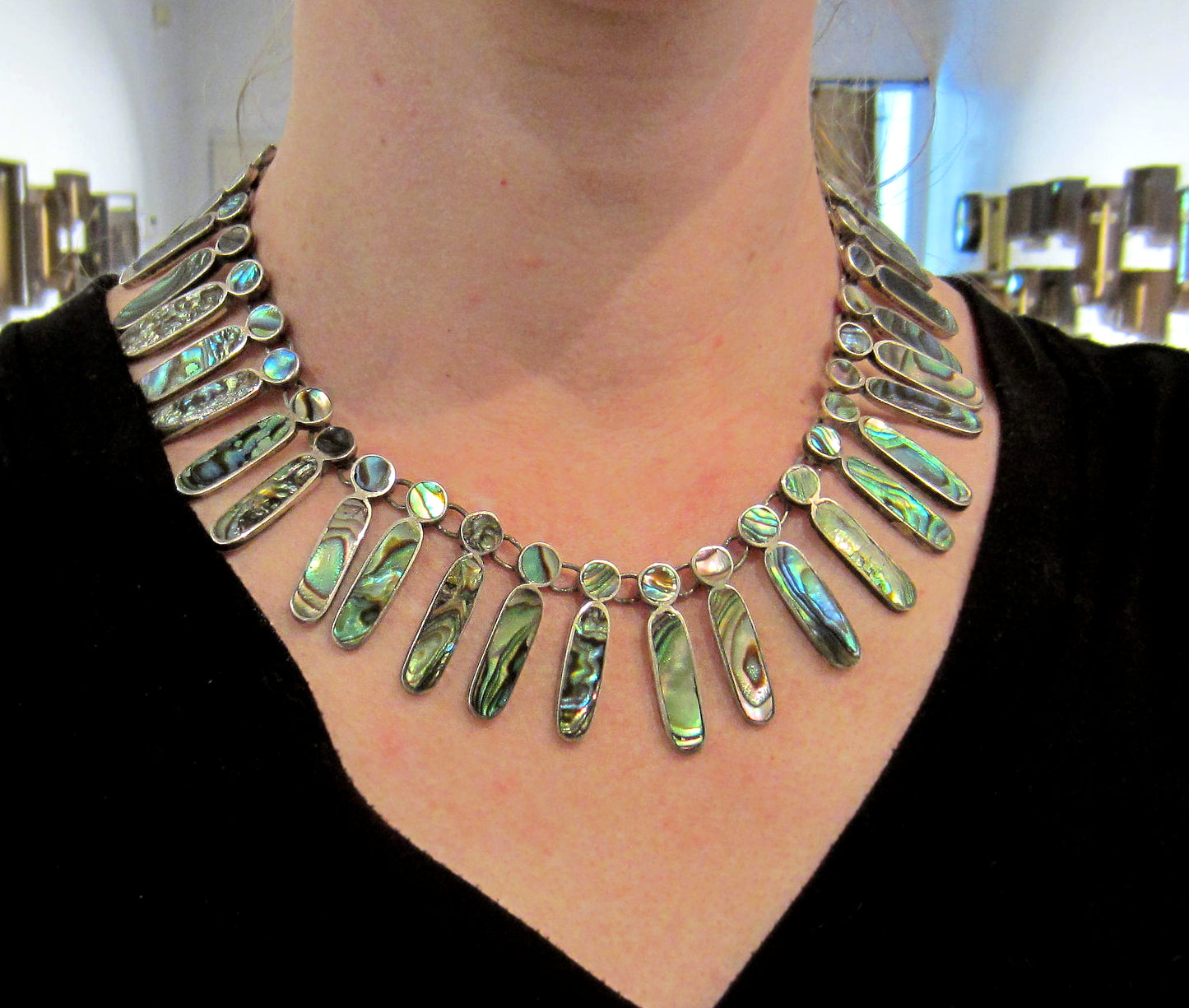 SOLD--Mid-Century Inlaid Abalone Collar Sterling, Taxco c. 1970