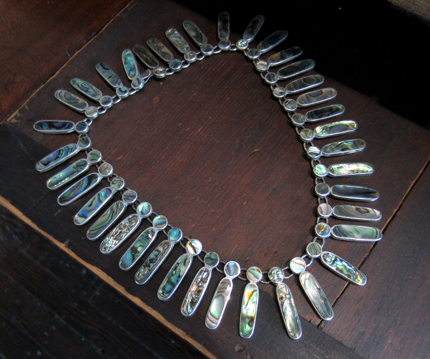 SOLD--Mid-Century Inlaid Abalone Collar Sterling, Taxco c. 1970