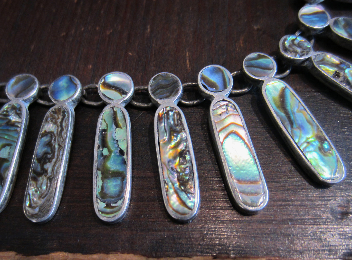 SOLD--Mid-Century Inlaid Abalone Collar Sterling, Taxco c. 1970