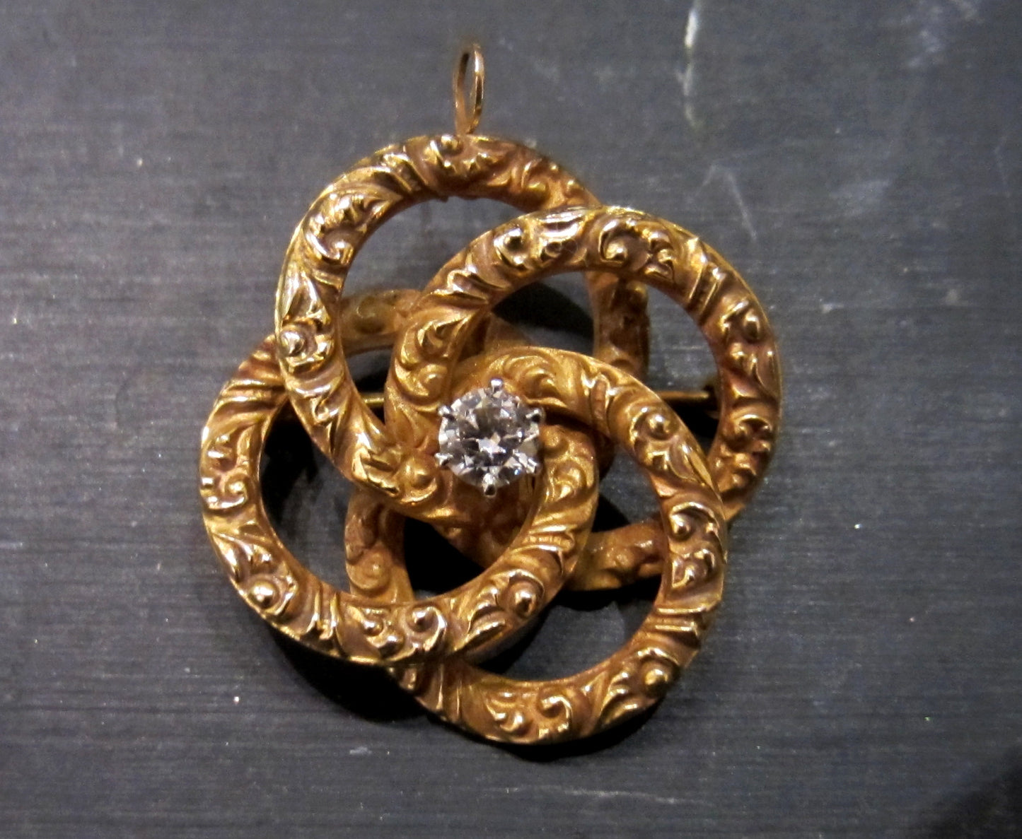 SOLD--Mid-Century Diamond Love Knot Brooch/Pendant 14k c. 1940