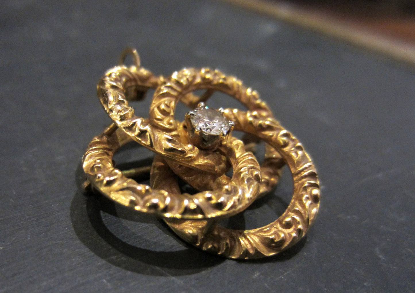 SOLD--Mid-Century Diamond Love Knot Brooch/Pendant 14k c. 1940