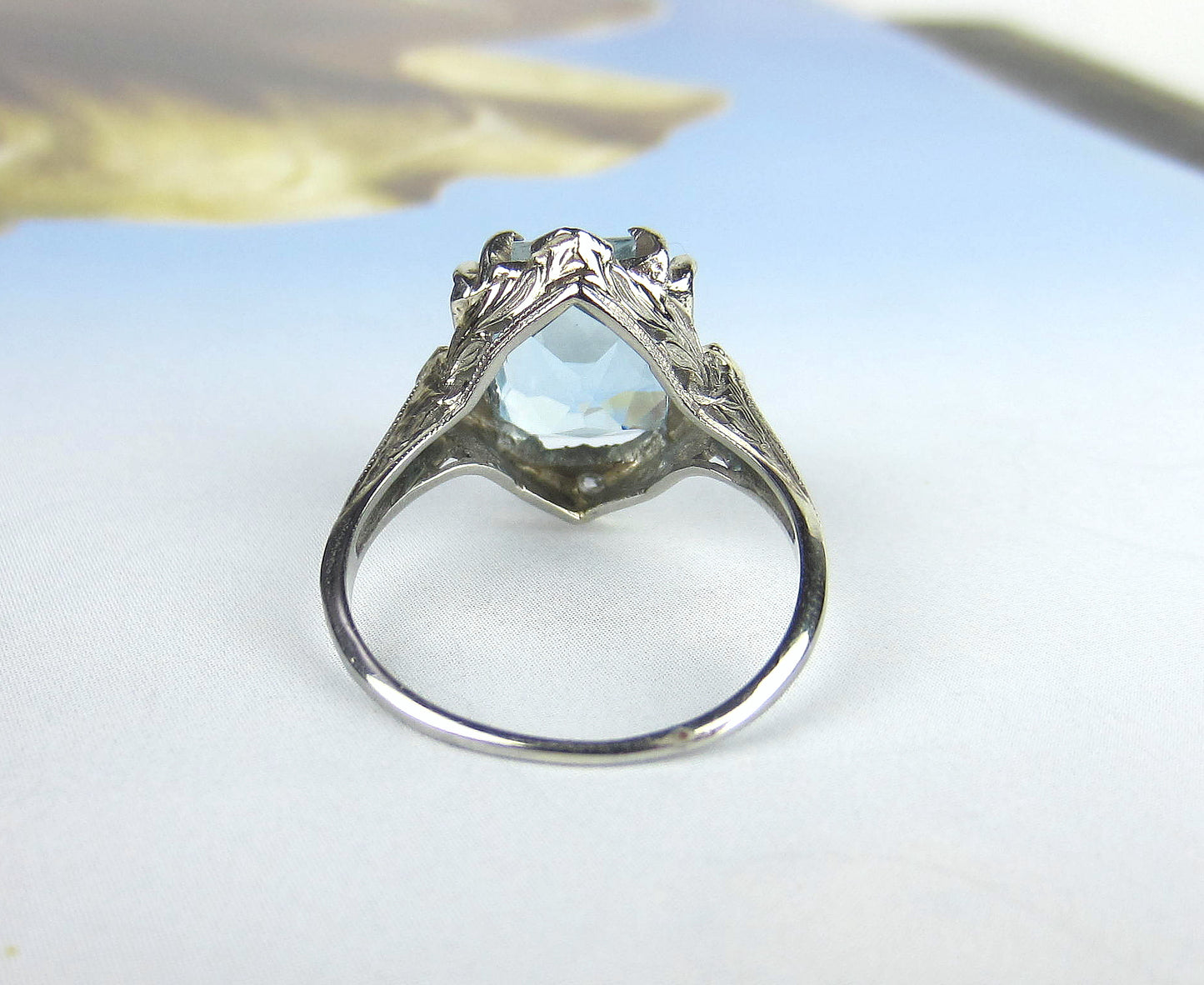 SOLD--Art Deco Aquamarine and Diamond Filigree Ring 18k c. 1930