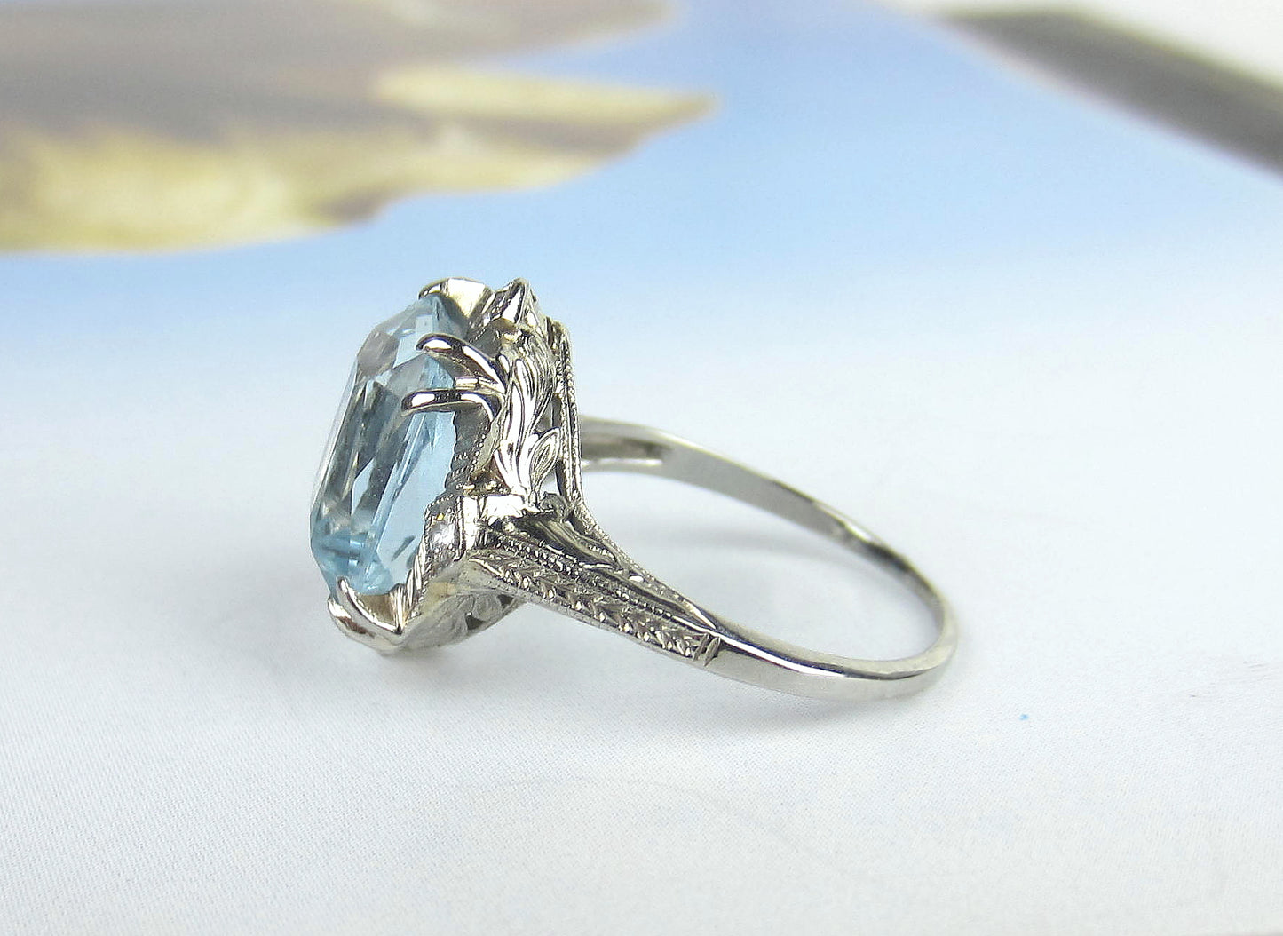 SOLD--Art Deco Aquamarine and Diamond Filigree Ring 18k c. 1930