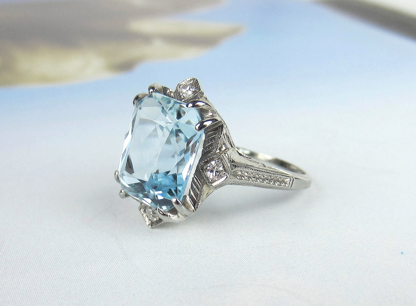 SOLD--Art Deco Aquamarine and Diamond Filigree Ring 18k c. 1930