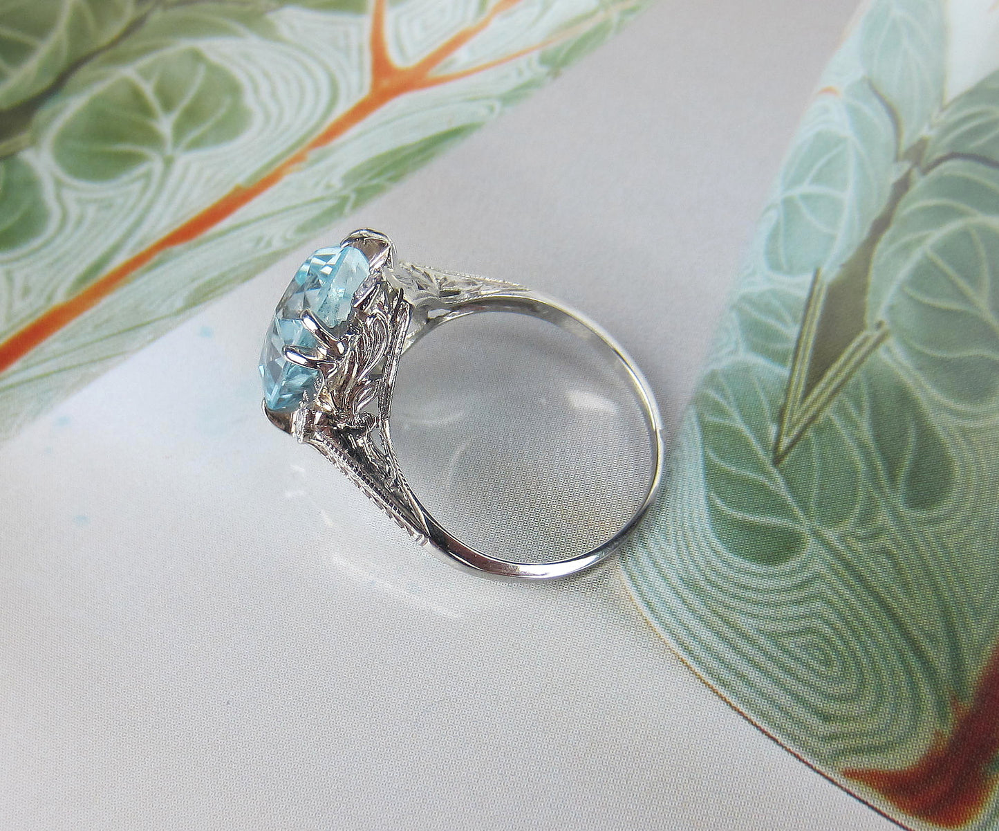 SOLD--Art Deco Aquamarine and Diamond Filigree Ring 18k c. 1930