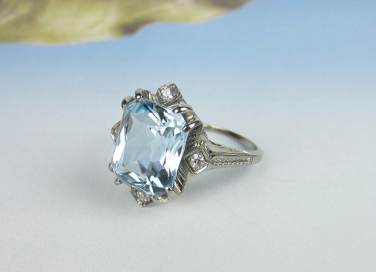 SOLD--Art Deco Aquamarine and Diamond Filigree Ring 18k c. 1930