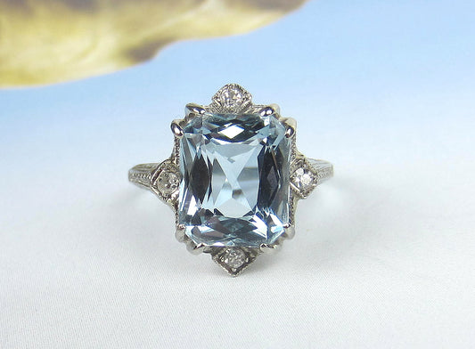SOLD--Art Deco Aquamarine and Diamond Filigree Ring 18k c. 1930