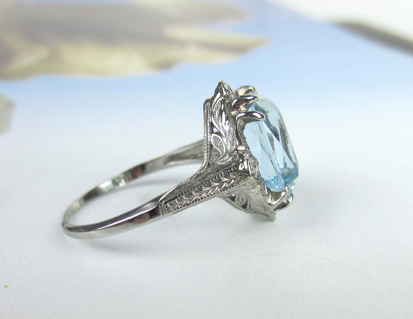 SOLD--Art Deco Aquamarine and Diamond Filigree Ring 18k c. 1930