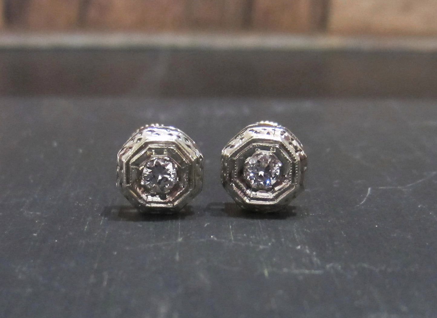 SOLD--Art Deco Old European Diamond Stud Earrings 14k c. 1930