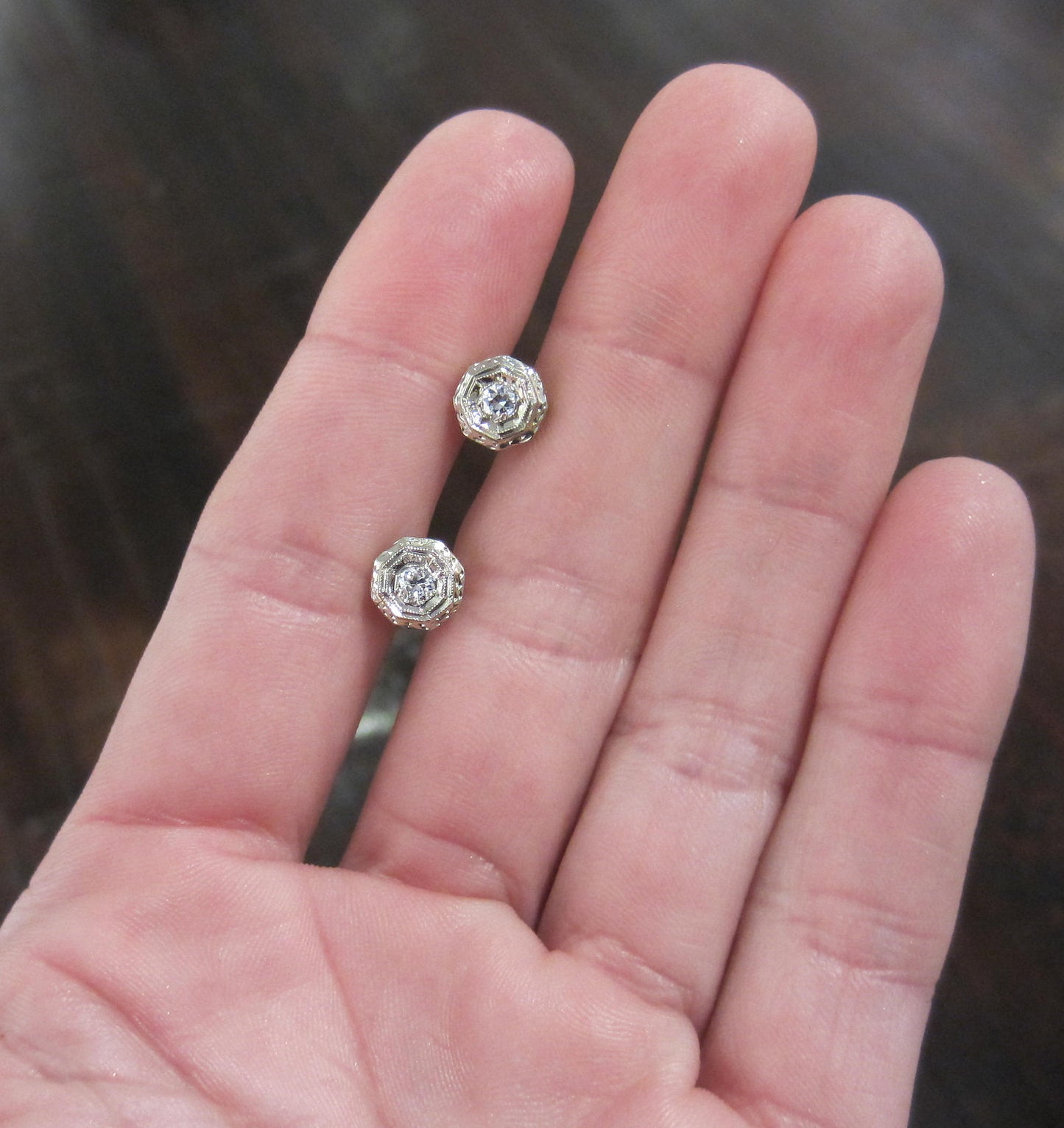 SOLD--Art Deco Old European Diamond Stud Earrings 14k c. 1930