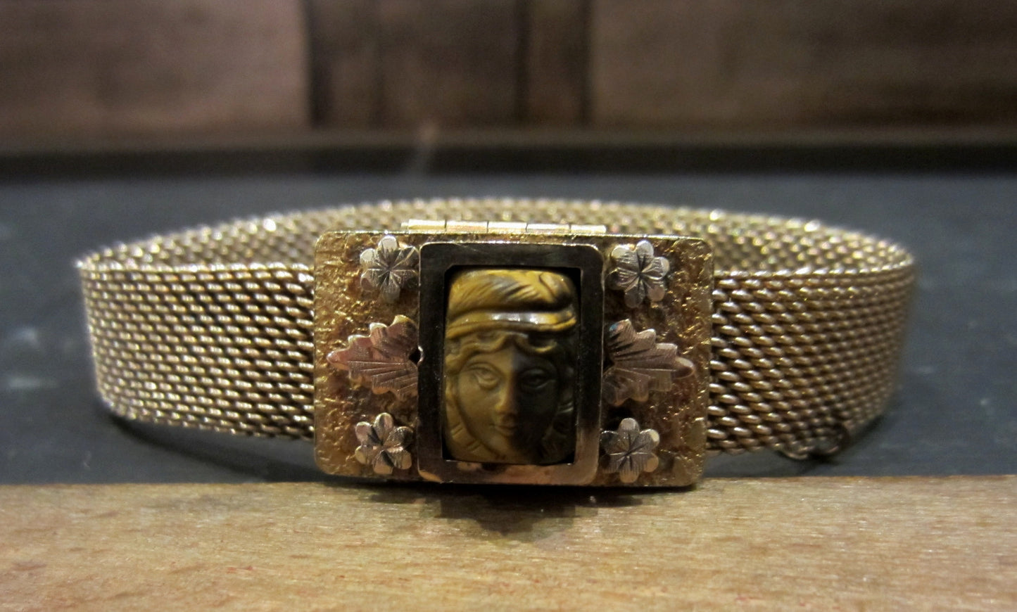 SOLD--Victorian Tiger's Eye Cameo Mesh Bracelet Gold-filled c. 1884