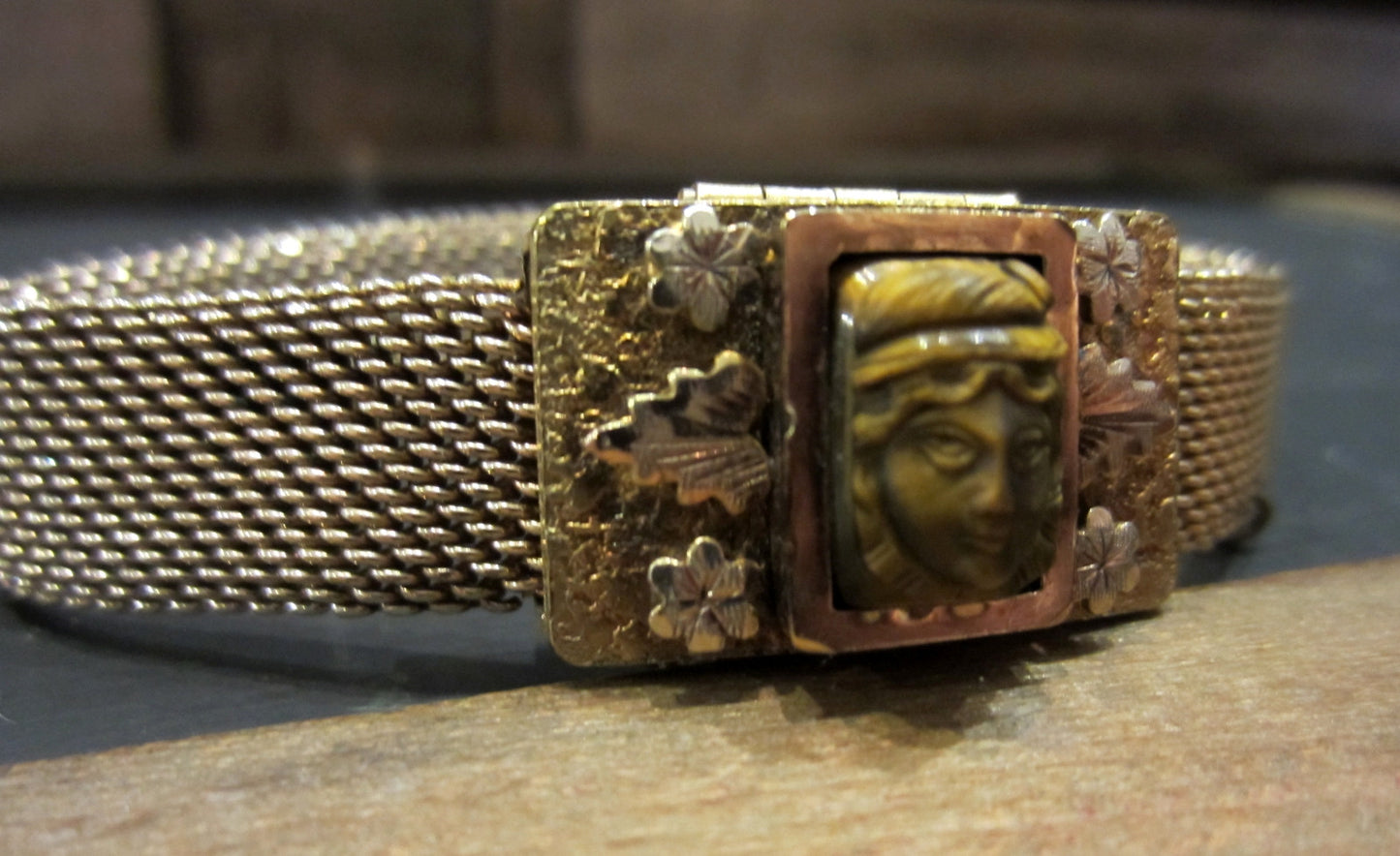 SOLD--Victorian Tiger's Eye Cameo Mesh Bracelet Gold-filled c. 1884