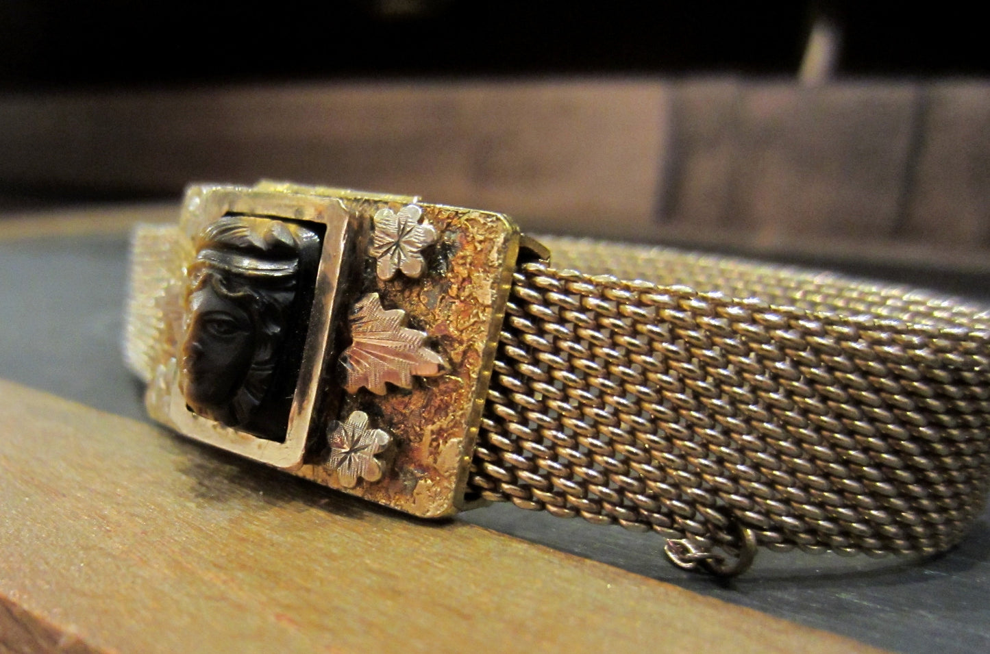 SOLD--Victorian Tiger's Eye Cameo Mesh Bracelet Gold-filled c. 1884