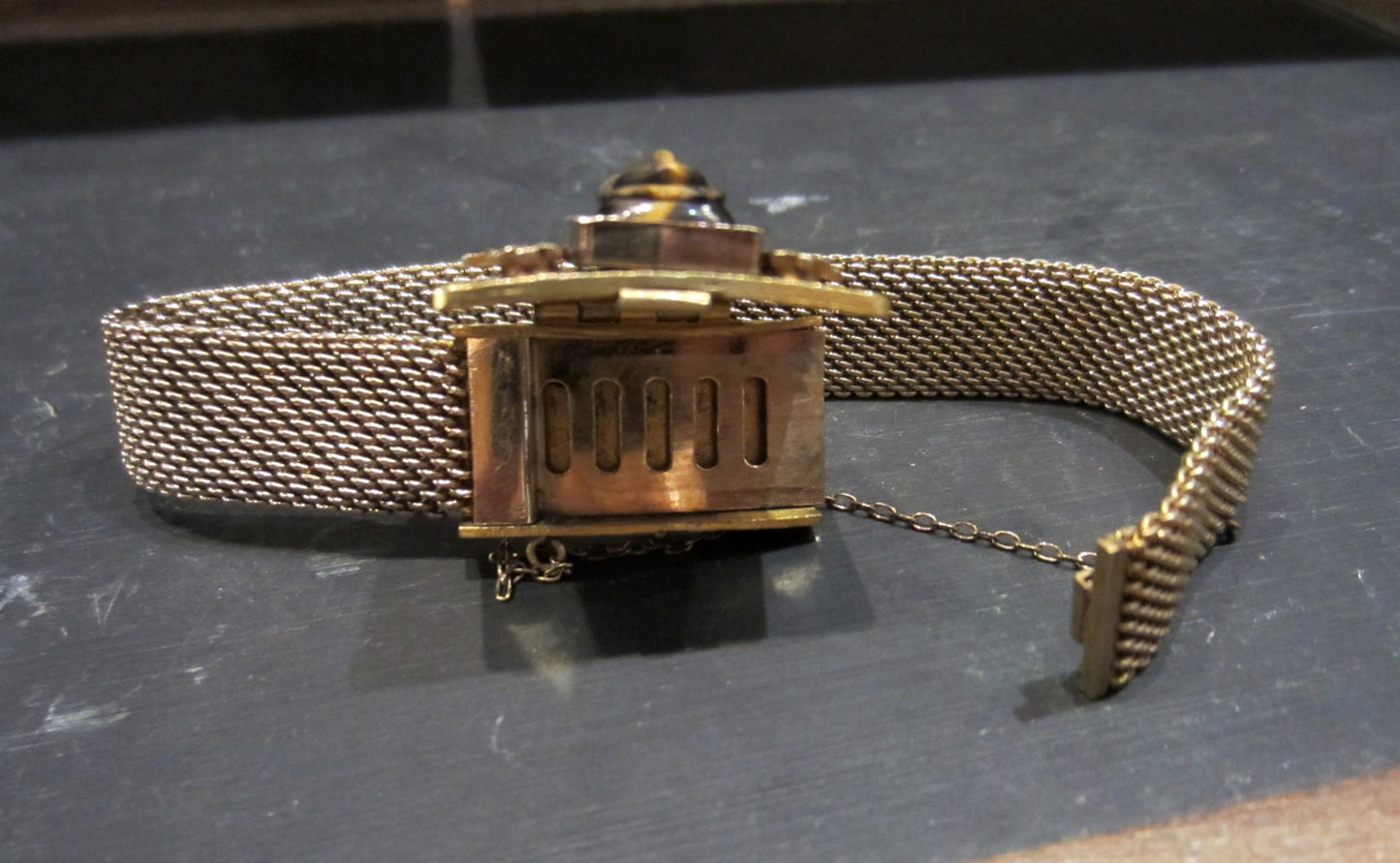 SOLD--Victorian Tiger's Eye Cameo Mesh Bracelet Gold-filled c. 1884