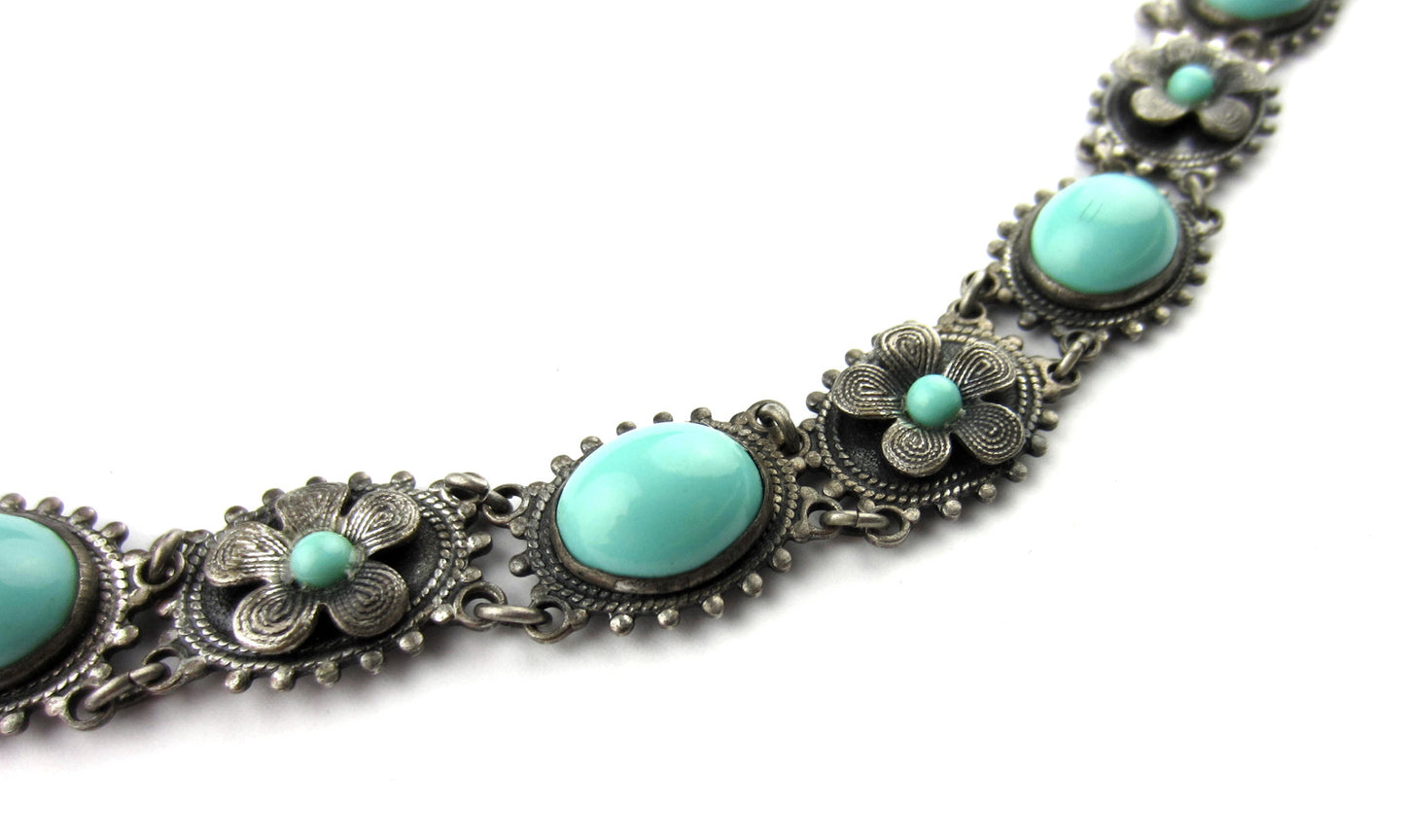 SOLD--Early Art Deco Turquoise Glass Flower Bracelet Silver c. 1920