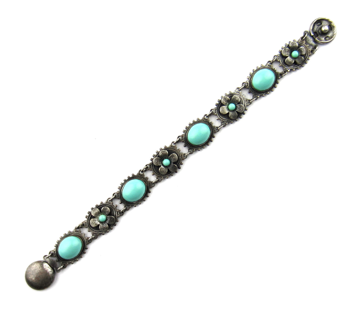 SOLD--Early Art Deco Turquoise Glass Flower Bracelet Silver c. 1920